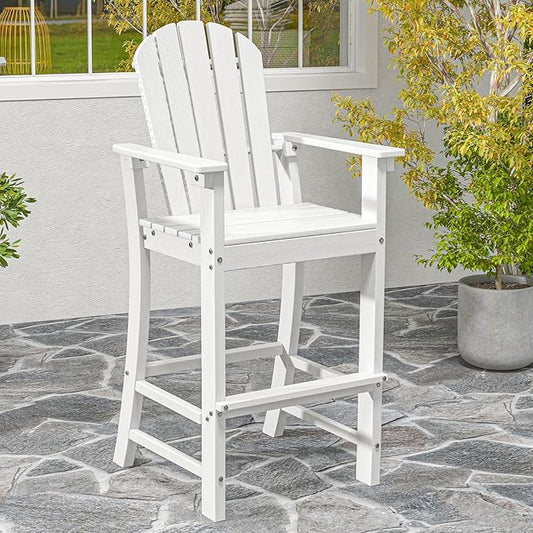 Tangkula Outdoor Tall Adirondack Chair 30 Inches Seat Height, HDPE Bar Height Patio Chair with High Backrest, Armrests and Footrest, Outdoor Bar Stool for Balcony Deck Garden Poolside (1, White)