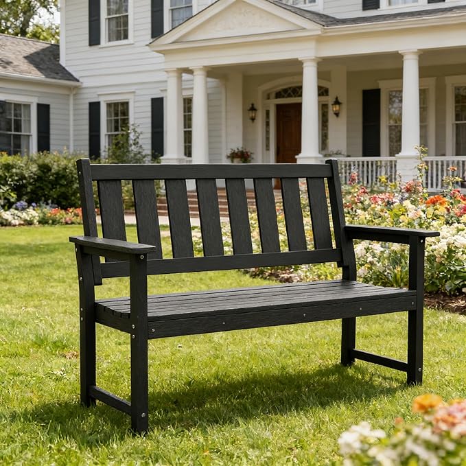 HDPE Outdoor Bench – 50'' Weatherproof Durable Garden Bench, 2-Person Park Bench, Multi-Purpose Design Ideal for Porch, Patio, Church, and School (Black)