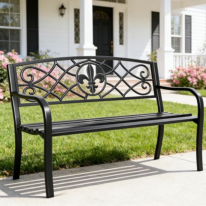 YLGJ&TIDY 50 Inches Garden Benches for Outdoor Patio Bench with Floral Pattern Backrest Armrest Weatherproof Park Benches Metal Bench for Garden Park Porch Lawn Yard (BENCH01)