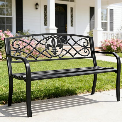 YLGJ&TIDY 50 Inches Garden Benches for Outdoor Patio Bench with Floral Pattern Backrest Armrest Weatherproof Park Benches Metal Bench for Garden Park Porch Lawn Yard (BENCH01)