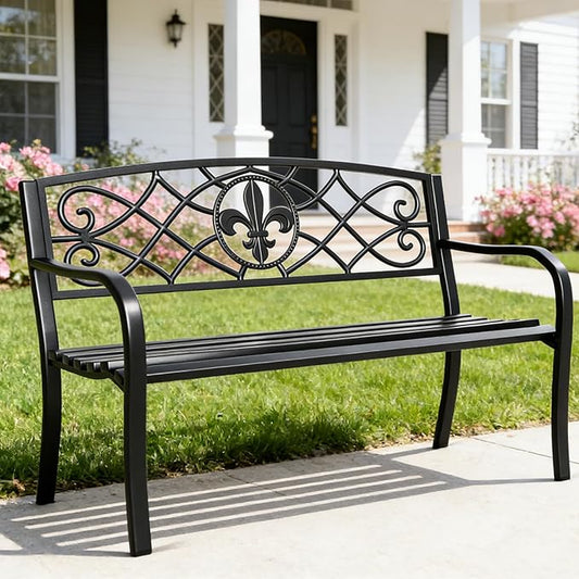 YLGJ&TIDY 50 Inches Garden Benches for Outdoor Patio Bench with Floral Pattern Backrest Armrest Weatherproof Park Benches Metal Bench for Garden Park Porch Lawn Yard (BENCH01)