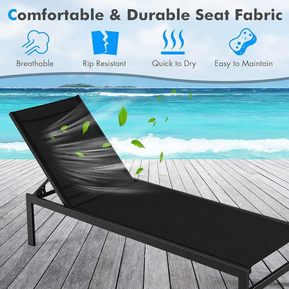 Tangkula Aluminum Lounge Chair Outdoor, Patio Adjustable Chaise Lounge with 6-Position Backrest, Aluminum Frame, Breathable Fabric, Lightweight Recliner Pool Chairs for Poolside, Backyard (2, Black)