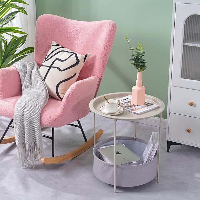 VECELO Round Side/End Table with Fabric Storage Basket，Metal Anti-Rust and Waterproof Small Bedside Nightstand with - Photo 4