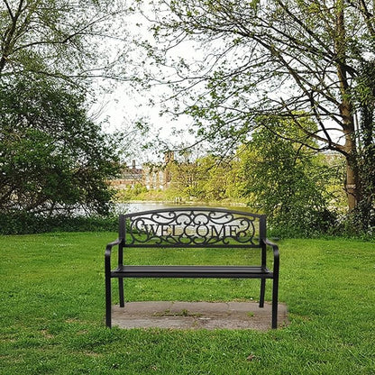 50in Outdoor Garden Park Bench,Outdoor Metal Porch Benches,Weatherproof Patio Park Bench,Outside Leisure Bench,with Welcome Back and Armrests,for Lawn, Deck, Path, Backyard, Entryway (Black)