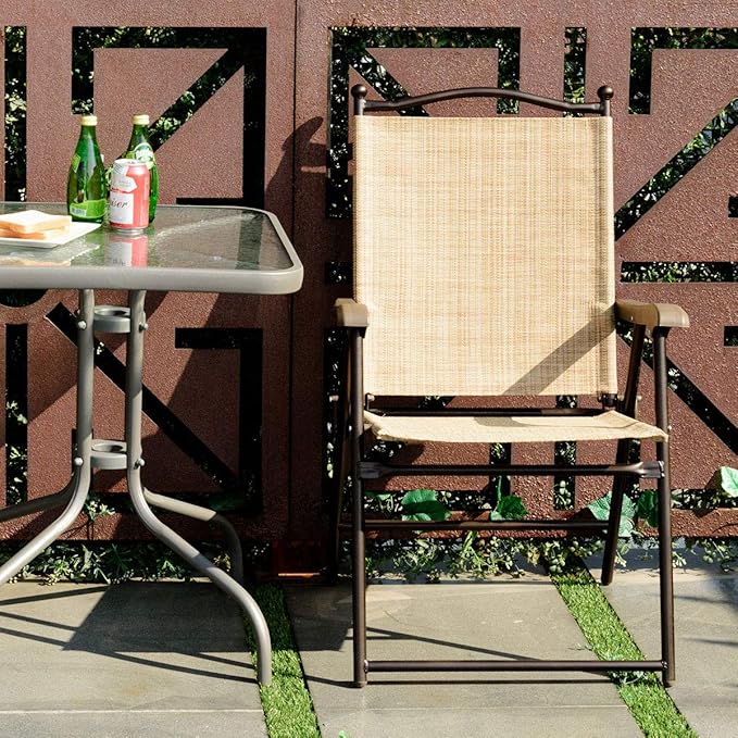 Giantex Set of 2 Patio Folding Chairs, Outdoor Patio Dining Chairs w/Armrest, Sling Back, Metal Frame - Photo 4