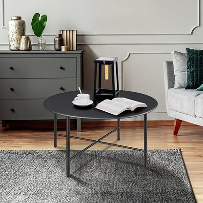 Patio Round Steel Patio Coffee Table, Weather Resistant Anti-Rust and Waterproof Indoor and Outdoor Large Side Table, for Garden Living Room Bedroom Balcony（Hight Black）