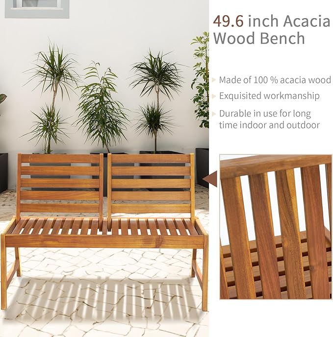 Outdoor Wooden Garden Bench, Patio Furniture Acacia Wood Outdoor Loveseat with Adjustable Backrest, Weather Proof 2-Person Outdoor Chair for Park, Porch, Pool, Backyard