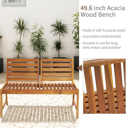 Outdoor Wooden Garden Bench, Patio Furniture Acacia Wood Outdoor Loveseat with Adjustable Backrest, Weather Proof 2-Person Outdoor Chair for Park, Porch, Pool, Backyard