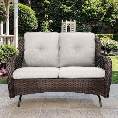 Patio Loveseat Wicker Loveseat Rattan Glider Sofa with Curved Armrest Thicking Back & Seat Cushions for Garden Balcony Backyard Brown Wicker|Beige Cushions (A) Patio Loveseat Glider