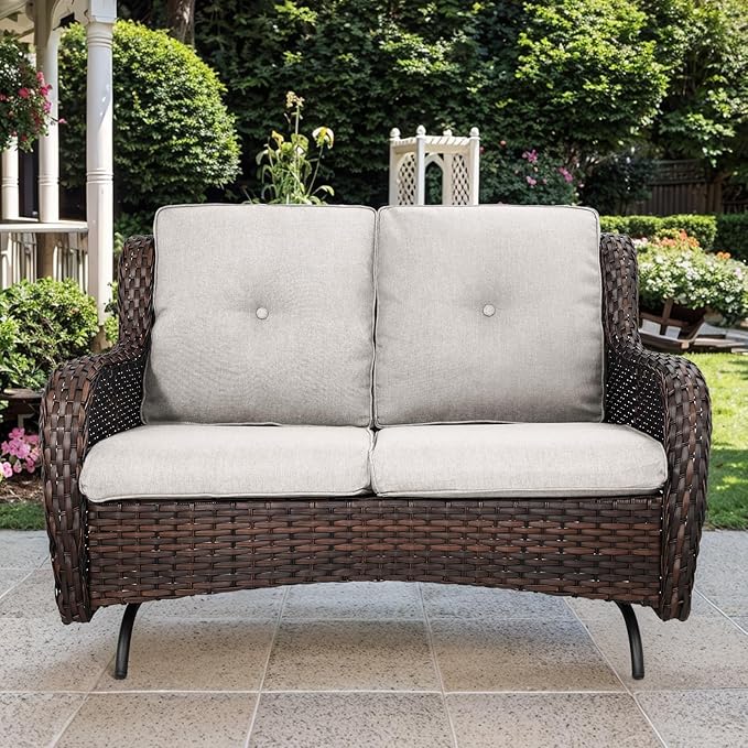 Patio Loveseat Glider Set, Resin Wicker Loveseat Glider with 4 Swivel Patio Chiars Coffee Table, 6 Piece Patio Conversation Set PE Rattan Loveseat Set, Brown Wicker|Beige Cushions
