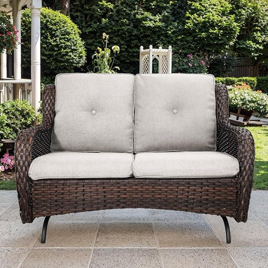 Patio Loveseat Glider Set, Resin Wicker Loveseat Glider with 4 Swivel Patio Chiars Rectangular Firepit Table, 7 Piece Patio Conversation Loveseat Set, Brown Wicker|Beige Cushions