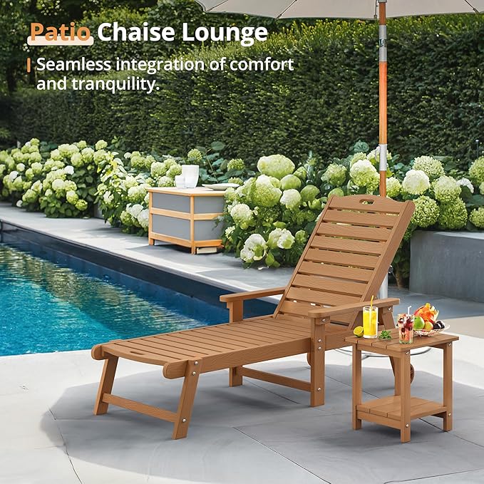 LUE BONA HDPS Chaise Lounge Chair with Table, 2-Piece, Outdoor Pool Lounge Chairs with Adjustable Backrest, Resin Patio Lounge Chairs with Wheels for Outside, Teak Color