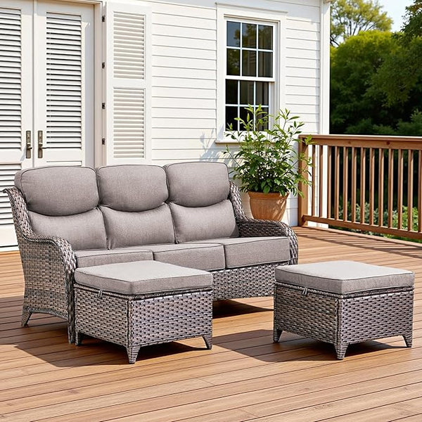 3 Pieces Patio Furniture Sofa Set with 6" Thick Cushions, High Back Wicker Sectional Outdoor Sofa with Ottoman - Photo 1