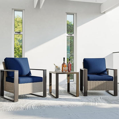 3 Piece Patio Chair Set, Outdoor Wicker Chair and Side Table, Metal Patio Furniture with Deep Seating, Thicken Cushions for Deck, Porch, Yard Use (Blue, 3 PCS/Chairs)
