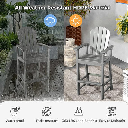 ORALNER Tall Adirondack Chairs, Set of 2 Outdoor High Back Balcony Chair, Weather Resistant HDPE Resin Plastic Bar Height Stools, 360 LBS Lifeguard Chair for Pool Patio Deck Backyard (2, Grey)