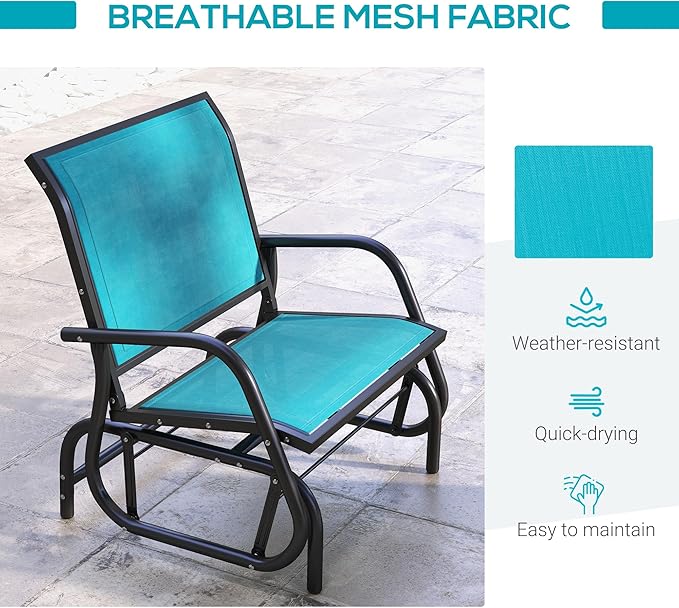 Outsunny Porch Glider, Metal Frame Swing Glider Chair with Breathable Mesh Fabric, Curved Armrests and Steel Frame for Garden, Poolside, Backyard, Balcony, Blue