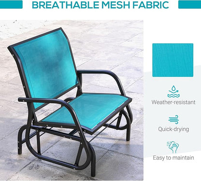 Outsunny Porch Glider, Metal Frame Swing Glider Chair with Breathable Mesh Fabric, Curved Armrests and Steel Frame for Garden, Poolside, Backyard, Balcony, Blue