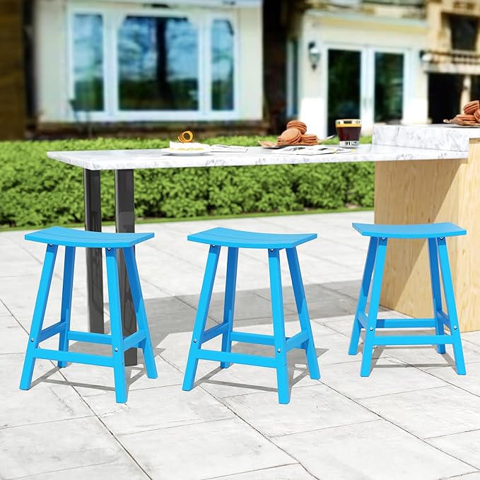 Costaelm All-Weather Bar Stools Set of 3, 24" Height Outdoor Bar Stools, Adirondack Poly Patio Bar Stool for Patio, Deck, Kitchen Counter and Garden, Pacific Blue