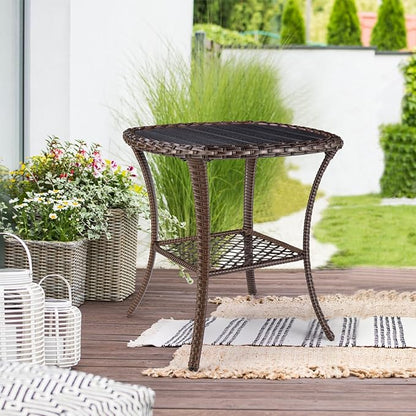 Outdoor Side Table Patio Wicker Coffee Table Outdoor End Table Rattan Bistro Table with Storage & Poly Lumber Table Top Square for Outside Balcony Porch Backyard Deck Brown