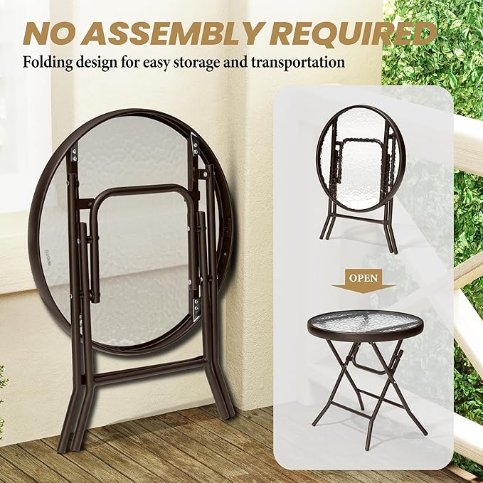 Foldable Side Table with Tempered Glass Top 18" Outdoor Folding Side Table Small Glass Patio Tables for Porch Yard - Photo 4