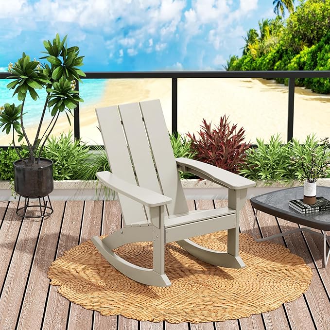 Costaelm Outdoor Adirondack Chair, All Weather Resistant Lawn Chairs Balcony Chair and Fire Pit Chairs, Patio Chair Outdoor Porch Rocking Chair High Back HDPE Poly Lumber, Sand