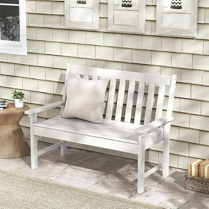 Giantex Outdoor Bench, 52-Inch Outside Bench All-Weather HDPE Park Bench with Backrest and Armrests, 705 lbs Weight Capacity, 2-Person Slatted Patio Bench for Porch, Yard, Lawn, Garden Bench (White)