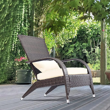 Outdoor Patio Wicker Adirondack Chair Outside Fire Pit Chairs Oversized Comfy Coconino Rattan Armchair Low Deep Seating High Back with Cushion and Pillow for Porch Deck Balcony Lawn Backyard Cream