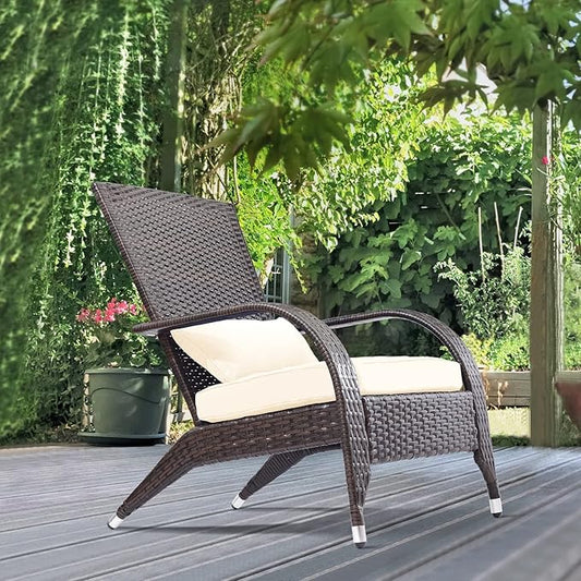 Outdoor Patio Wicker Adirondack Chair Outside Fire Pit Chairs Oversized Comfy Coconino Rattan Armchair Low Deep Seating High Back with Cushion and Pillow for Porch Deck Balcony Lawn Backyard Cream