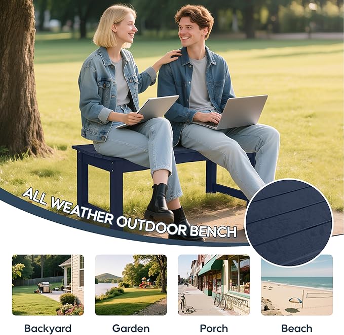 Weatherproof HIPS Outdoor Bench, 2-Person Patio Dining Bench, All-Weather Poly Lumber Garden Bench, Never Rot or Fade, Park Bench with Wood Grains for Porch, Deck, Entryway, DarkBlue, 2 Pack
