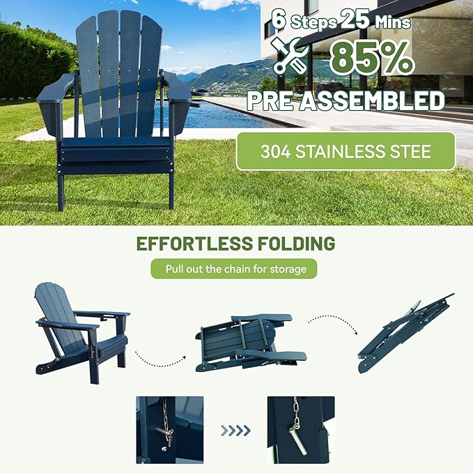 Adirondack Chair, Plastic Adirondack Chairs, HDPE Adirondack Chair, Folding Adirondack Chairs,Outdoor Chairs with Cup Holder for Lawn Patio Deck Fire Pit -Dark Blue