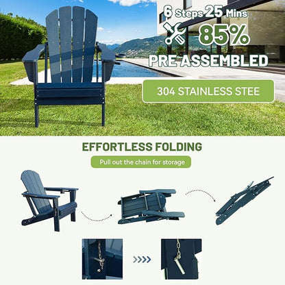 Adirondack Chair, Plastic Adirondack Chairs, HDPE Adirondack Chair, Folding Adirondack Chairs,Outdoor Chairs with Cup Holder for Lawn Patio Deck Fire Pit -Dark Blue