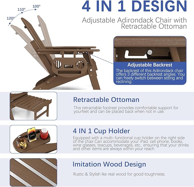 FOOWIN Adirondack Chair with Retractable Ottoman,HDPE Folding Adjustable Adirondack Chair w/4 in 1 Cup Holder Trays,All-Weather Resistant Fire Pit Chair for Outdoor Patio Lawn Set of 4