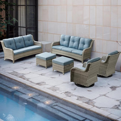 Rilyson Patio Furniture Swivel Chairs Set - 6 PC Wicker Rattan Outdoor Sectional Conversation Sets with 2 Rocking Chair,2 Ottoman and 2 Sofa for Porch Deck Garden(Light Grey/Sky Blue)