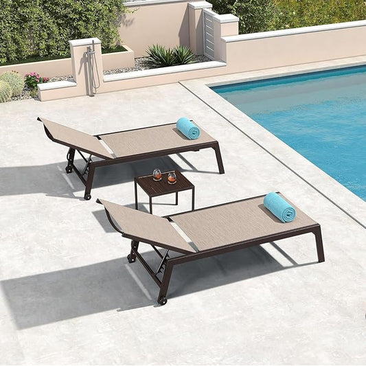 PURPLE LEAF Larger Patio Lounge Chairs Set of 3, Reclining Pool Lounge Chairs with Side Table and Wheels for All Weather for Outdoor, Deck, Aluminum Outside Pool, Beige