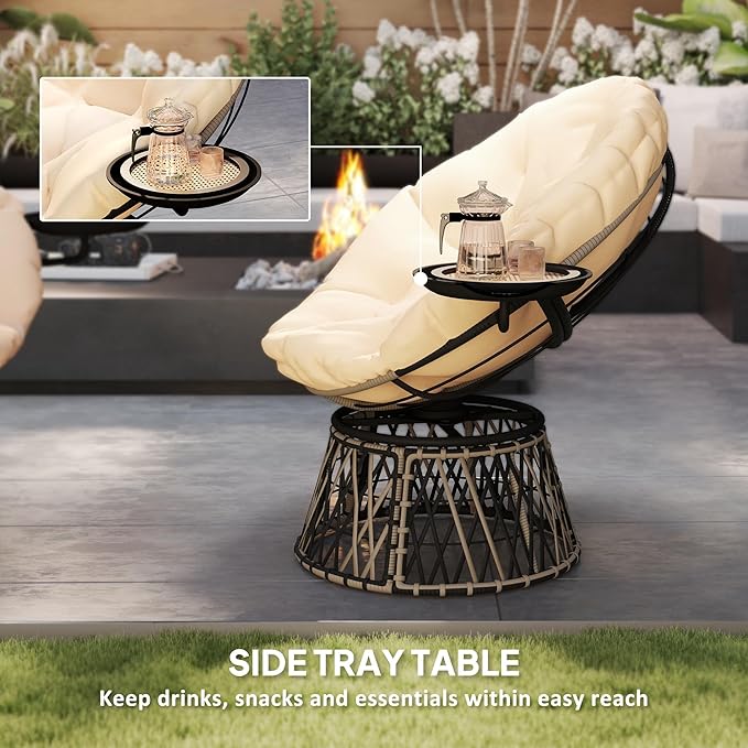 Outsunny 39" Outdoor Papasan Chair with Side Tray, 360° Swivel Overstuffed Circle Chair with Thickened Cushion - Photo 4