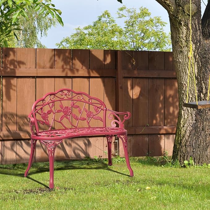 Outdoor Garden Bench,Patio Metal Rose Bench,2 Person Cast Iron Metal Frame Porch Bench with Backrest and Armrests,Outside Benches,Leisure Chair for Garden Porch Park Front Porch Balcony (Red)