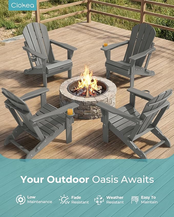 Ciokea Folding Adirondack Chair 6 Pack, Patio Adirondack Chair Weather Resistant, Plastic Fire Pit Chair with Cup Holder - Photo 7