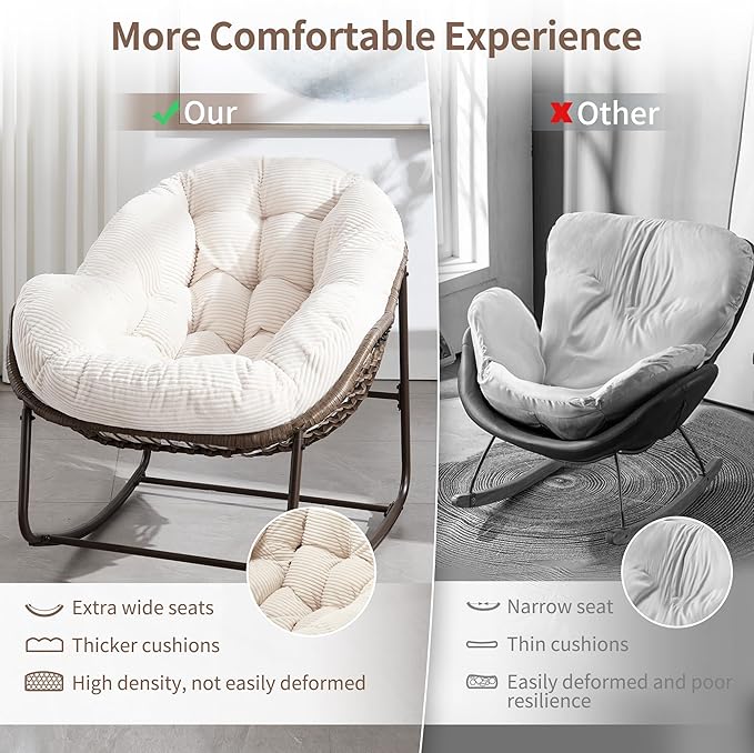 HOMEFUN Outdoor Patio Rocking Chairs Set of 2, Oversized Papasan Rock Chair Indoor with Striped Velvet Padded Cushion - Rocker Egg Seat for Front Porch, Garden, Patio, Backyard White