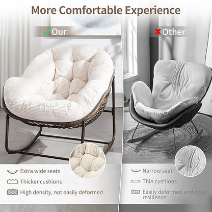 HOMEFUN Outdoor Patio Rocking Chairs Set of 2, Oversized Papasan Rock Chair Indoor with Striped Velvet Padded Cushion - Rocker Egg Seat for Front Porch, Garden, Patio, Backyard White