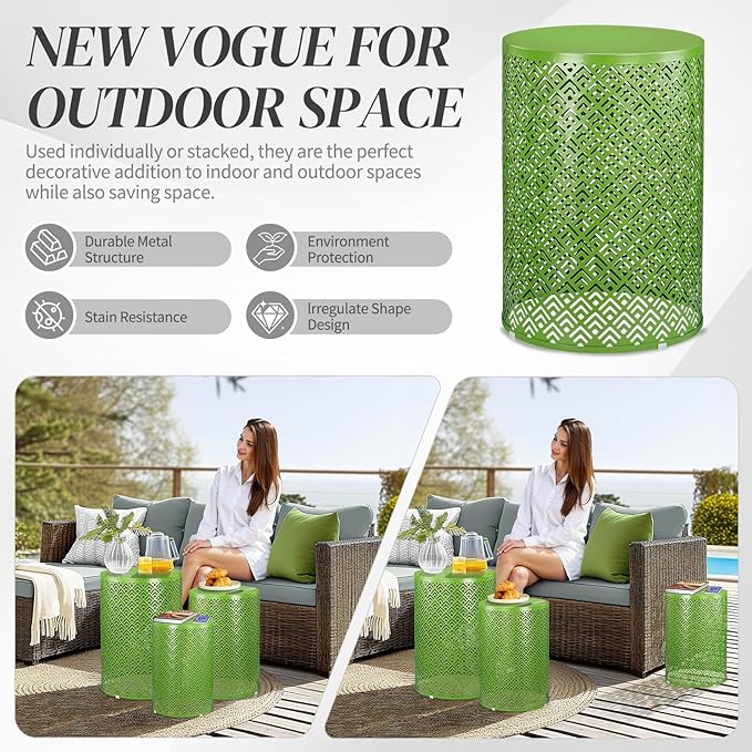 Outvita Outdoor Nesting Tables Set of 3, Heavy Duty Metal Frame Accent Modern End Table, Portable Side Table for Indoor, Outdoor, Living Room, Meander Pattern - Green