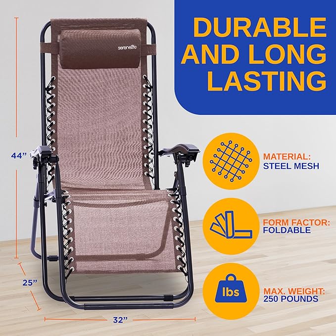 SereneLife Outdoor Zero Gravity Lounge Chair Set with Table – 2 Adjustable Recliners with Cup Holders, Headrest - Photo 2