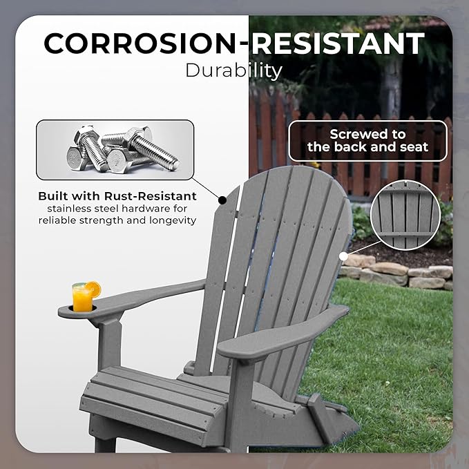 Ecommersify Folding Adirondack Chair with Cup Holder - (Dark Gray) - Heavy Duty Recycled Poly Lumber Folding Chair - Amish Crafted Outdoor Furniture - Made in USA
