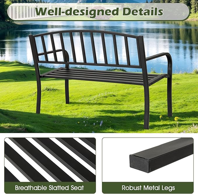 Giantex Metal Outdoor Bench, Patio Garden Bench with Backrest, Curved Armrests, Slatted Seat for 2-3 Persons, 660 LBS, Heavy-Duty Outside Seating Loveseat for Yard, Porch, Park, Black
