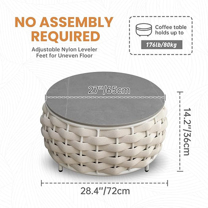 Short Round Patio Side Table: Assembled Hand Woven Rope Accent Tables - Aluminum Outdoor Coffee Table Modern - Metal Porch Furniture for 176lbs Deck Pool Garden Balcony Hotel φ25.6''/65cm, Beige