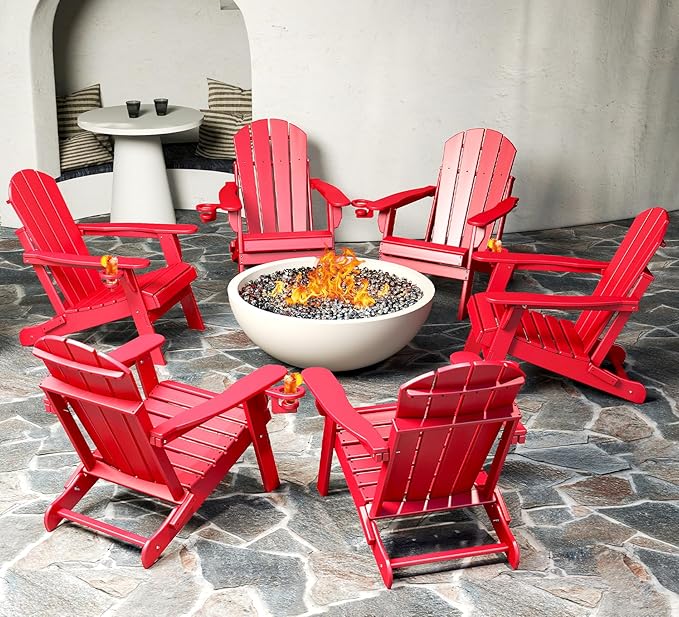 BRIOPAWS Folding-Adirondack-Chairs Set of 6 | HDPE | Fire Pit Chair | Cup Holder | Weather Resistance | Red | for Outdoor Backyard Deck Patio