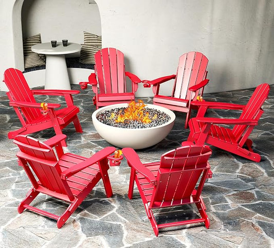BRIOPAWS Folding-Adirondack-Chairs Set of 6 | HDPE | Fire Pit Chair | Cup Holder | Weather Resistance | Red | for Outdoor Backyard Deck Patio