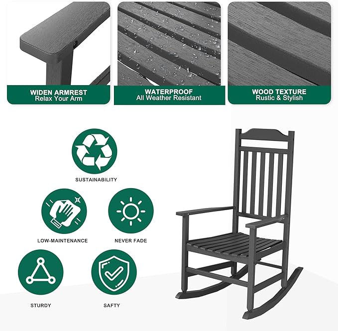 Outdoor Rocking Chair Set of 1,Porch Rocker All Weather Resistant Porch Rocker for Lawn Garden High Back Armrest Set of 1 (Black)