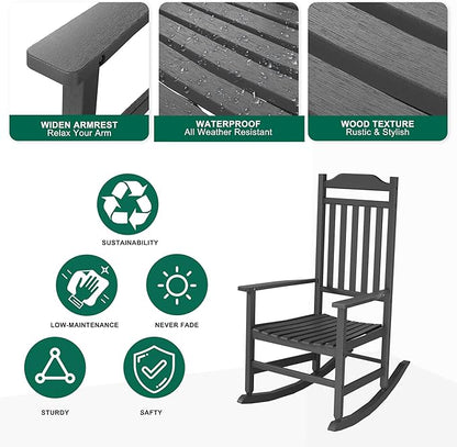 Patio Rocking Chair Outdoor Set of 4,Weather Resistant Poly Resin Oversized Porch Rocker,High Back Smooth Design,350lb Weight Capacity,Indoor Outdoor Use(4, Black)