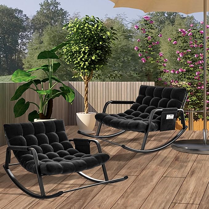 Indoor Outdoor Patio Rocking Chairs Set of 2, Papasan Rocking Chairs, Double Papasan Chair with Cushion, Oversized Modern Rocker Chairs for Living Room, Bedroom, Porch, Garden Black