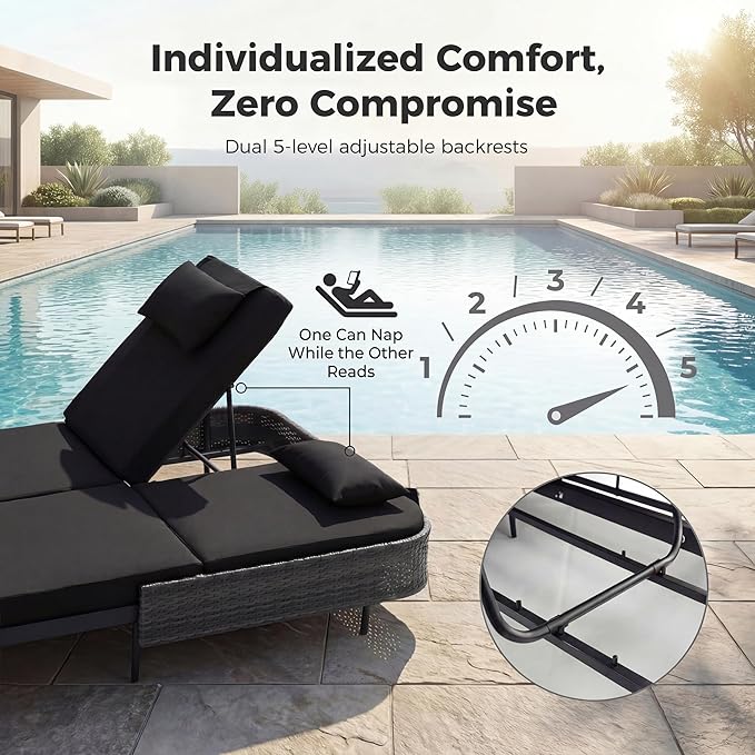 BULEXYARD 51.2" Double Chaise Lounge Outdoor, 2-Person PE Wicker Patio Daybed with Dual 5-Position Adjustable Backrest - Photo 5